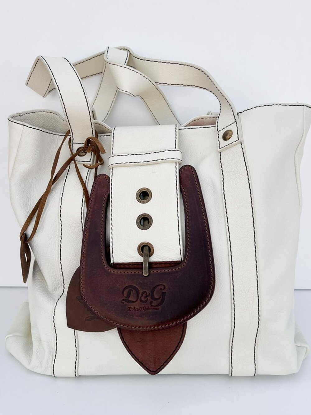 Authentic D&G Dolce Gabbana White Leather Tote Bag Y2K